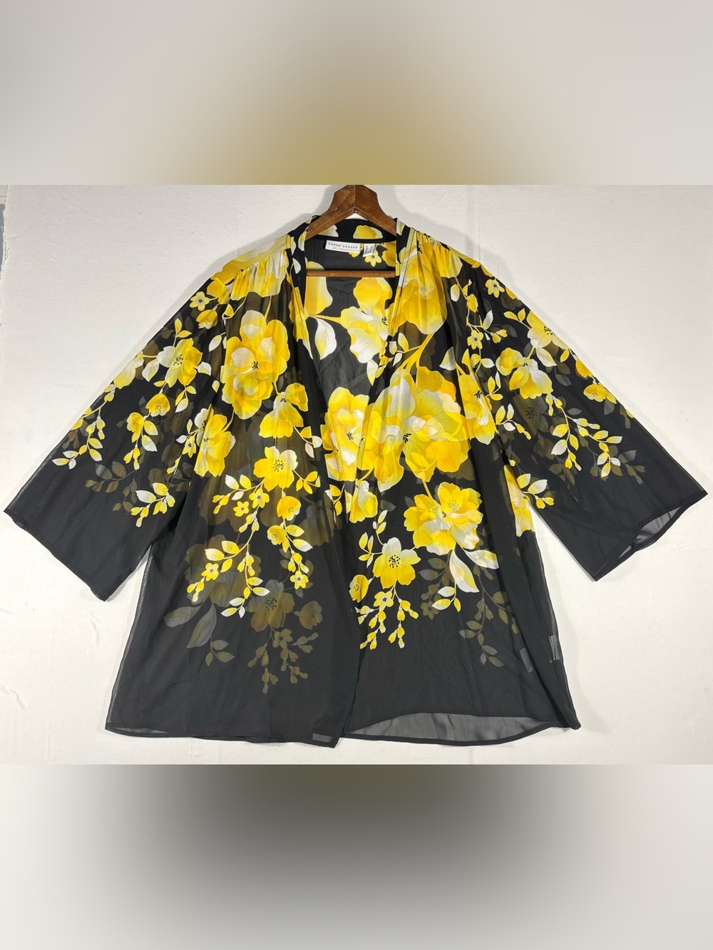 Susan Graver Women’s L Black Sheer Open Front Kimono with Yellow Floral Design